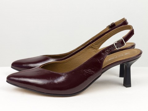 Бордовые лаковые  туфли с открытой пяткой из натуральной кожи на шпильке ,С-1909-14